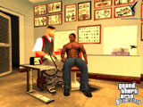 Carl on the chair of a tattoo parlor...